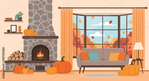 Cozy autumn living room with a stone fireplace, pumpkins, and warm fall decor highlighting seasonal comfort.
