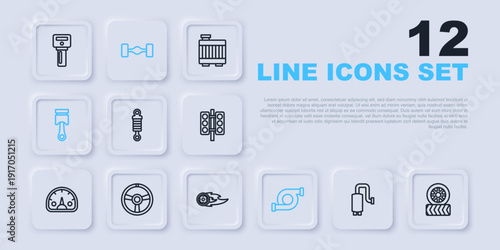 Set line Car muffler, tire wheel, Shock absorber, Automotive turbocharger, Engine piston, Racing steering, Chassis car and Wheel fire flame icon. Vector