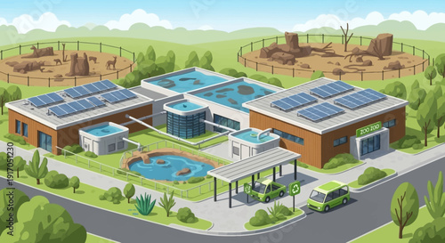 Eco friendly modern solar powered residential complex with sustainable architecture and green living spaces.