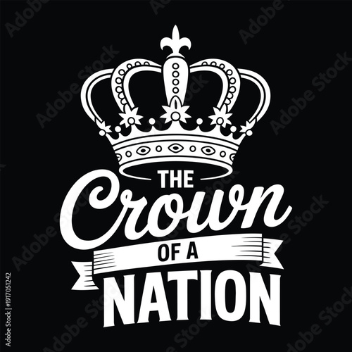 White crown and text on black background with royal typography and design elements