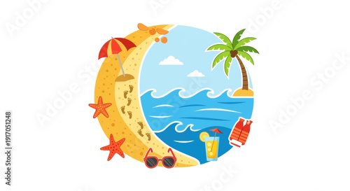 Sunny tropical beach vacation scene with palm trees and ocean waves collage.
