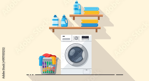 Cozy laundry setup with washing machine, detergent bottles, shelves and folded clothes in a bright home interior.