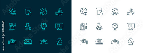 Set line Oil drop with dollar symbol, tank storage, Motor gas gauge, pipe valve, petrol test tube, and icon. Vector