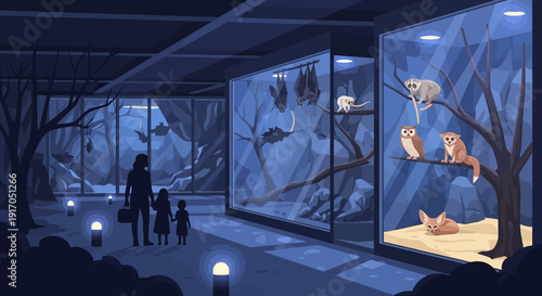 Nighttime museum exhibit featuring illuminated owl display cases viewed by visitors at dusk.