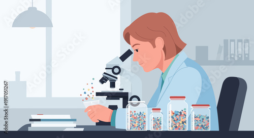 Scientist in a modern laboratory conducting microscopy and experiments with test tubes and glassware.