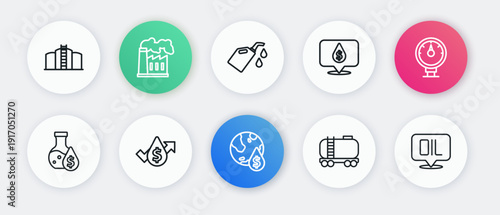 Set line Oil drop with dollar symbol, Motor gas gauge, petrol test tube, railway cistern, Canister for motor machine oil, Word and price increase icon. Vector