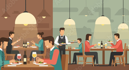 Busy cafe interior showing a diverse group of diners enjoying meals, drinks, and conversations in a lively social setting.