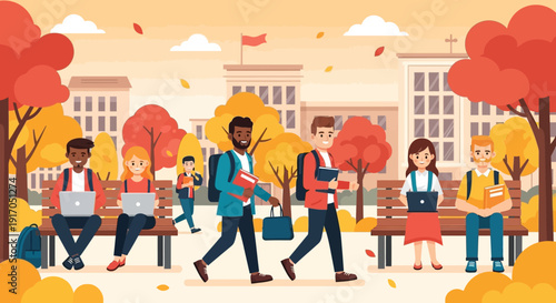 Autumn Scenes in a Busy City Park: People Walking and Socializing Amid Colorful Fall Foliage.