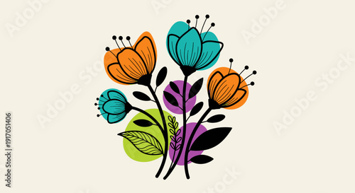 Colorful Stylized Flower Bouquet Illustration with Bright Petals and Green Foliage.