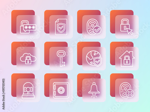 Set line Lock, Safe, Shield with world globe, Ringing alarm bell, Old key, Fingerprint, Cyber security and Contract shield icon. Vector