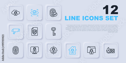 Set line Folder and lock, Firewall, security wall, Contract with shield, House under protection, Security camera, Lock, Eye scan and icon. Vector