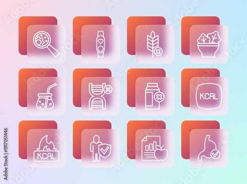 Set line Salad in bowl, Healthy lifestyle, Lactose intolerance, Diet plan, No GMO, Gluten free grain, and Smart watch with heart icon. Vector