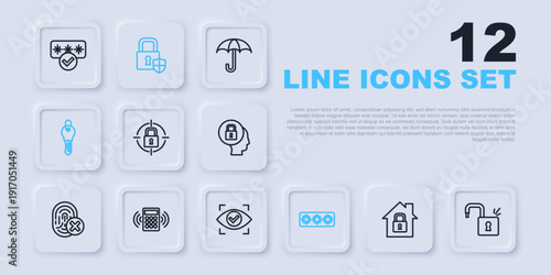 Set line House under protection, Open padlock, Lock, Password, Key, Security keypad access panel, Shield security with and Eye scan icon. Vector