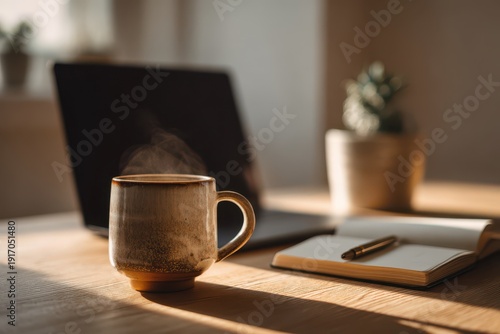 Cozy desk scene with coffee mug and open laptop in warm morning light