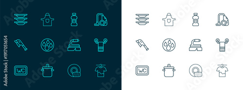 Set line Vacuum cleaner, Cooking pot, Brush for cleaning, Washing dishes, Water drop, Bottle detergent, and Kitchen apron icon. Vector