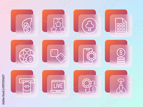 Set line Lottery ticket, Online poker table game, sports betting, Casino chips exchange, Game dice, Playing card with clubs symbol, Hand holding casino and icon. Vector