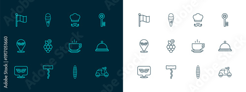 Set line Old key, Wine corkscrew, Coffee cup, French baguette bread, Grape fruit, Italian cook, Flag Italy and Ice cream waffle icon. Vector