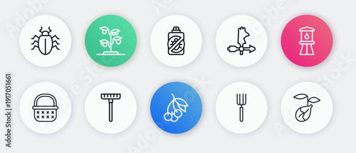 Set line Fresh berries, Water tower, Wicker basket, Garden pitchfork, Rooster weather vane, Spray against insects, Sprout and rake icon. Vector