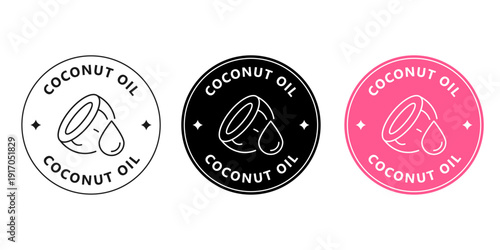 Round coconut oil sticker for cosmetic packaging. Natural skincare badge with coconut icon.