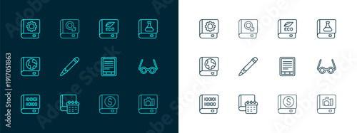Set line Chemistry book, Daily paper notepad, E-Book reader, Financial, Pencil with eraser, about ecology, User manual and women icon. Vector
