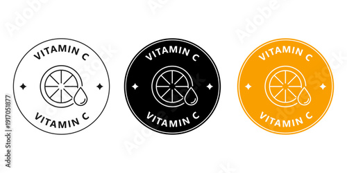 Round vitamin C sticker for cosmetic packaging. Brightening skincare badge with citrus icon.