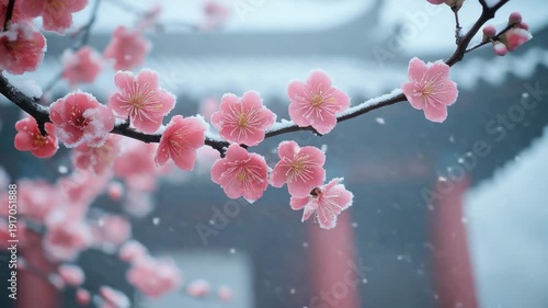 Cherry blossoms bloom in winter amid light snow at scenic location in the countryside