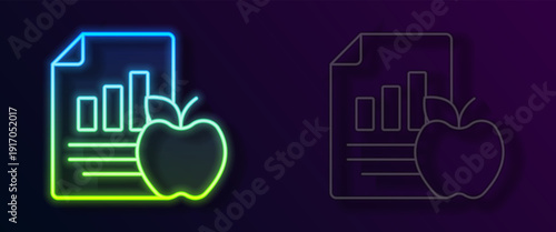 Glowing neon line Diet plan icon isolated on isolated on black background. Concept of fitness marathon, proper nutrition, healthy food, beautiful body, vegetables, slimming. Vector