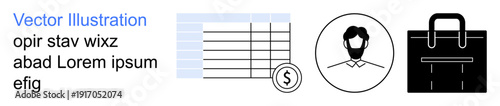 Finance, organization, identity, work, management, business resources. a financial table, a person icon and a black briefcase silhouette. Finance and business resources concept