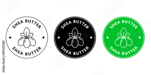 Round shea butter sticker for cosmetic packaging. Natural moisturizing skincare badge with shea nut icon.