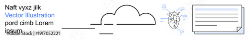 Cloud technology, data storage, networking, digital documentation, system integration, innovation. A cloud icon linked to a network and digital document. Cloud technology and data storage concept