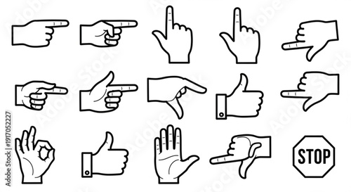 A set of hand gesture icons and a stop sign in a minimalist line art style