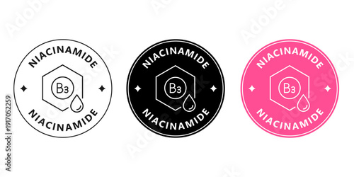 Round niacinamide sticker for cosmetic packaging. Brightening skincare badge with molecule icon.