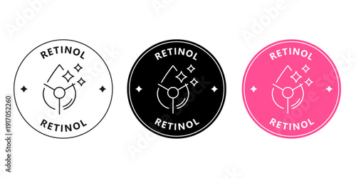 Round retinol sticker for cosmetic packaging. Anti aging skincare badge with vitamin A icon.