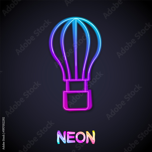 Glowing neon line Hot air balloon icon isolated on black background. Air transport for travel. Vector