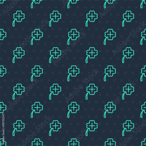 Green line Casino slot machine with clover symbol icon isolated seamless pattern on blue background. Gambling games. Vector