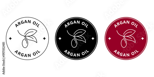 Round argan oil sticker for cosmetic packaging. Natural skincare badge with argan nut icon.