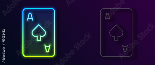 Glowing neon line Playing card with spades symbol icon isolated on black background. Casino gambling. Vector