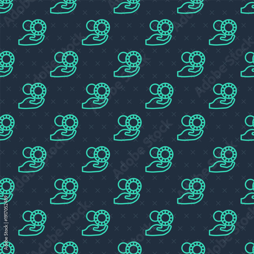 Green line Hand holding casino chips icon isolated seamless pattern on blue background. Casino gambling. Vector