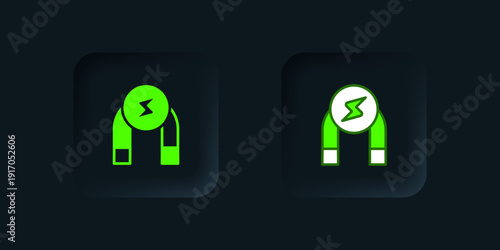 Green Magnet icon isolated on black background. Horseshoe magnet, magnetism, magnetize, attraction. Black square button. Vector
