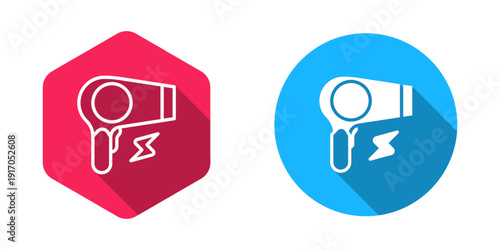 Filled and outline Hair dryer icon isolated with long shadow background. Hairdryer sign. Hair drying symbol. Blowing hot air. Vector
