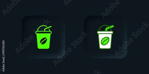 Green Iced coffee icon isolated on black background. Black square button. Vector