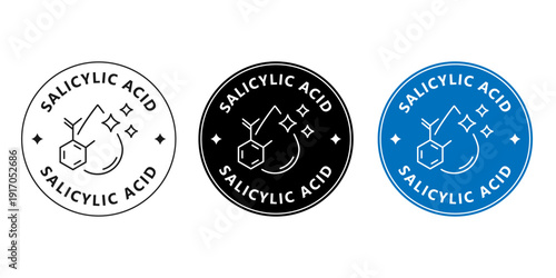 Round salicylic acid sticker for cosmetic packaging. Acne treatment skincare badge with molecule icon.