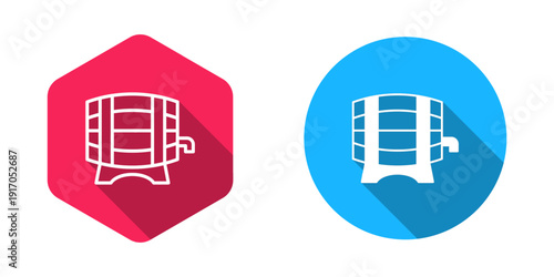 Filled and outline Wooden barrel on rack with stopcock icon isolated with long shadow background. Vector