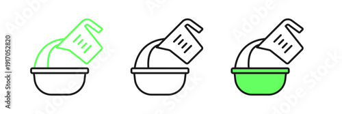 Set line Measuring cup pouring liquid into bowl icon isolated on white background. Plastic graduated beaker with handle. Vector