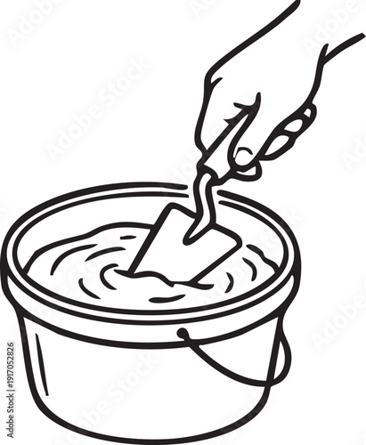 Tile Adhesive Mixing Bucket with Trowel Hand Line Art Icon, Construction Mortar Outline Vector