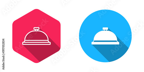 Filled and outline Covered with a tray of food icon isolated with long shadow background. Tray and lid sign. Restaurant cloche with lid. Vector