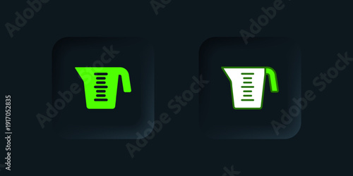 Green Measuring cup to measure dry and liquid food icon isolated on black background. Plastic graduated beaker with handle. Black square button. Vector