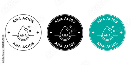 Round AHA acids sticker for cosmetic packaging. Exfoliating skincare badge with molecule icon.