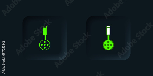 Green Spatula icon isolated on black background. Kitchen spatula icon. BBQ spatula sign. Barbecue and grill tool. Black square button. Vector