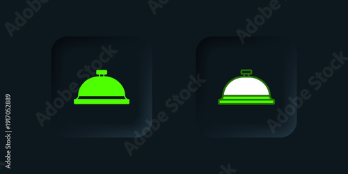 Green Covered with a tray of food icon isolated on black background. Tray and lid sign. Restaurant cloche with lid. Black square button. Vector